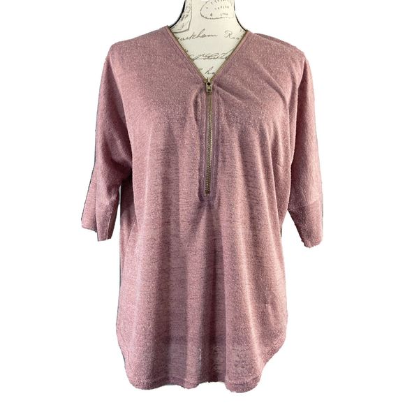 Demanding Tops - Womens Sweater M Mauve Zipper V Neck Stretch Top Knit Dolman Demanding